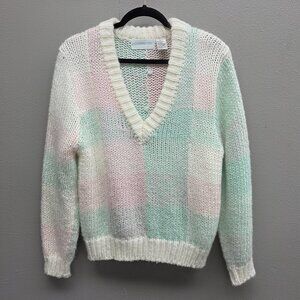 Geoffrey Ltd. Sweater Womens Large Multicolor Pastel Check Knit Wool Pullover
